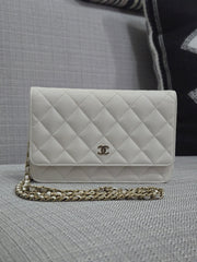 Chanel White Caviar Classic Wallet on Chain (WOC) with Champagne GHW 2022